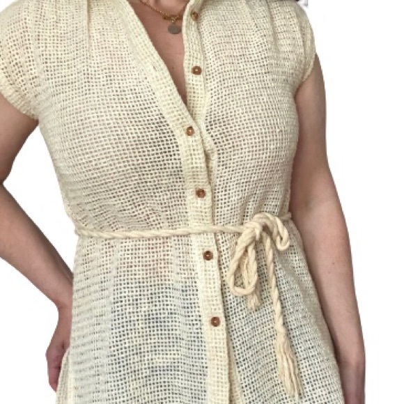 70s Vtg Open Knit Wood Button Rope Belted Tunic - Picture 14 of 17